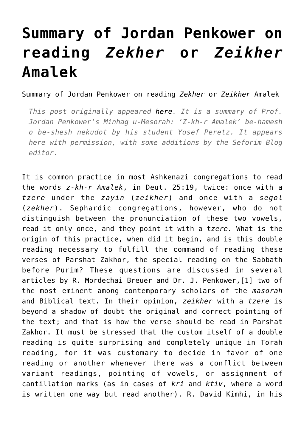 Summary of Jordan Penkower on Reading &lt;I