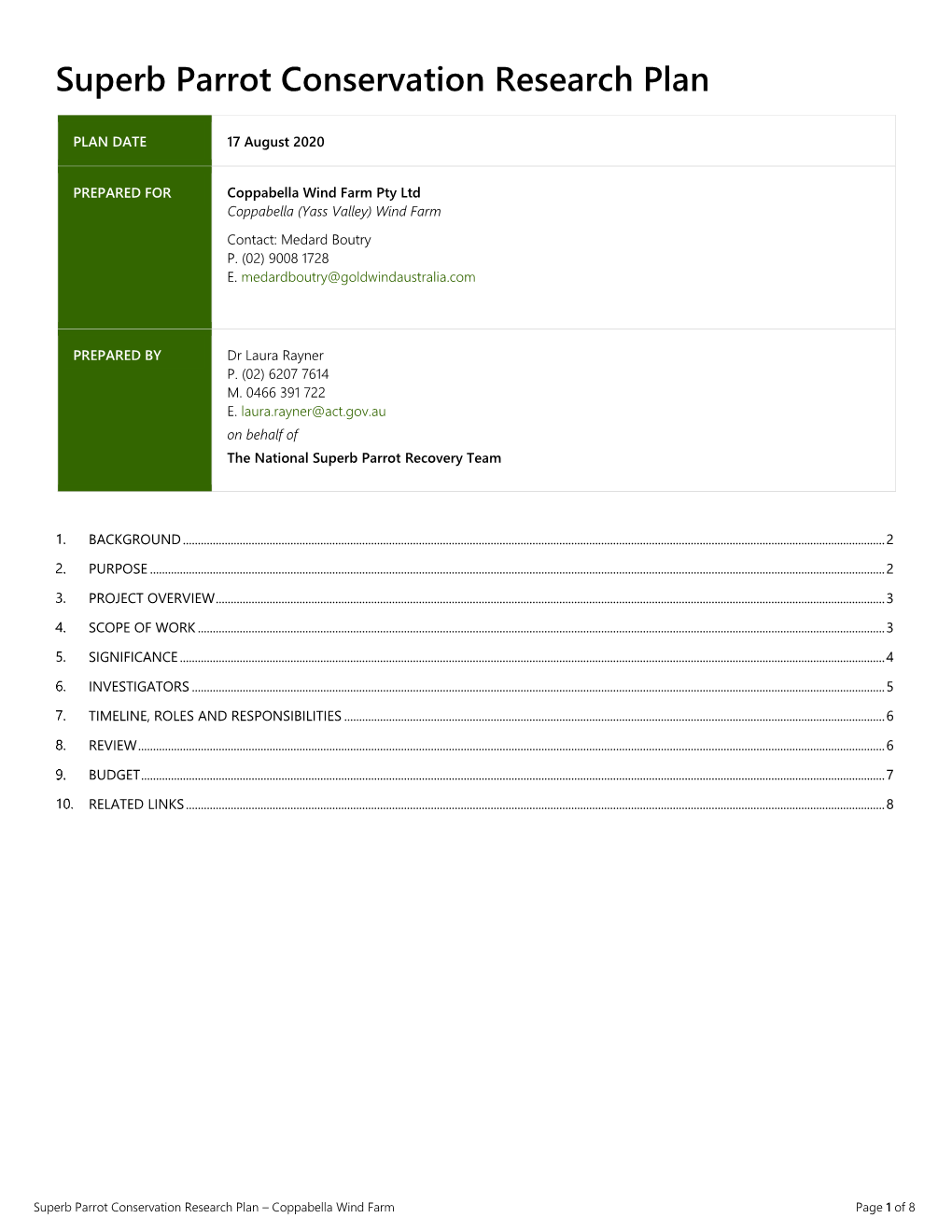 Superb Parrot Conservation Research Plan