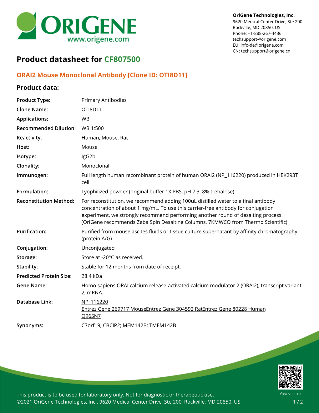 ORAI2 Mouse Monoclonal Antibody [Clone ID: OTI8D11] Product Data