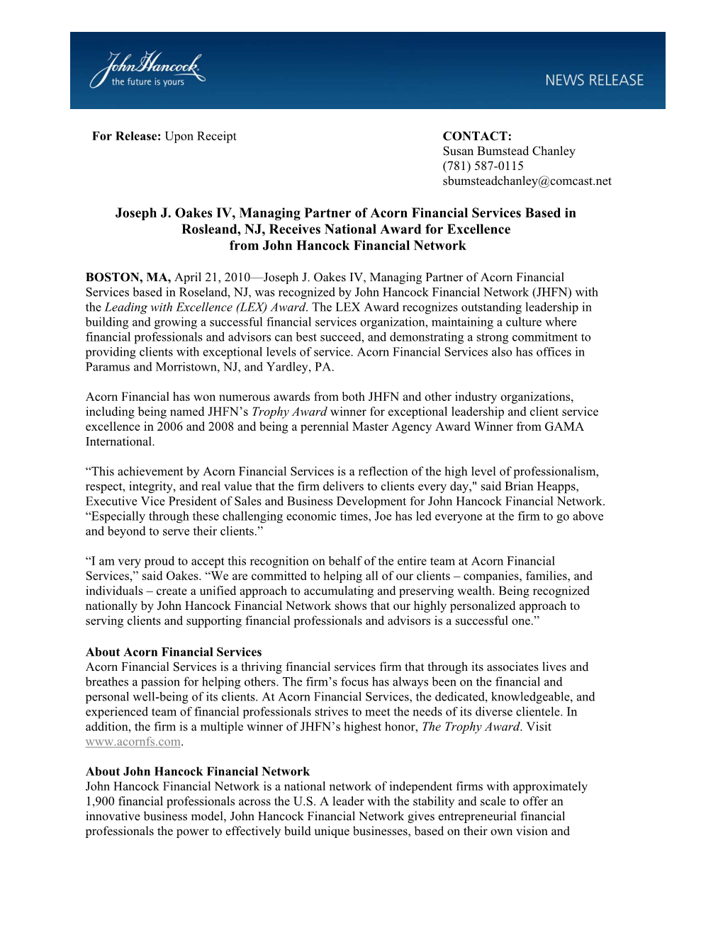 Joseph J. Oakes IV, Managing Partner of Acorn Financial Services Based in Rosleand, NJ, Receives National Award for Excellence from John Hancock Financial Network