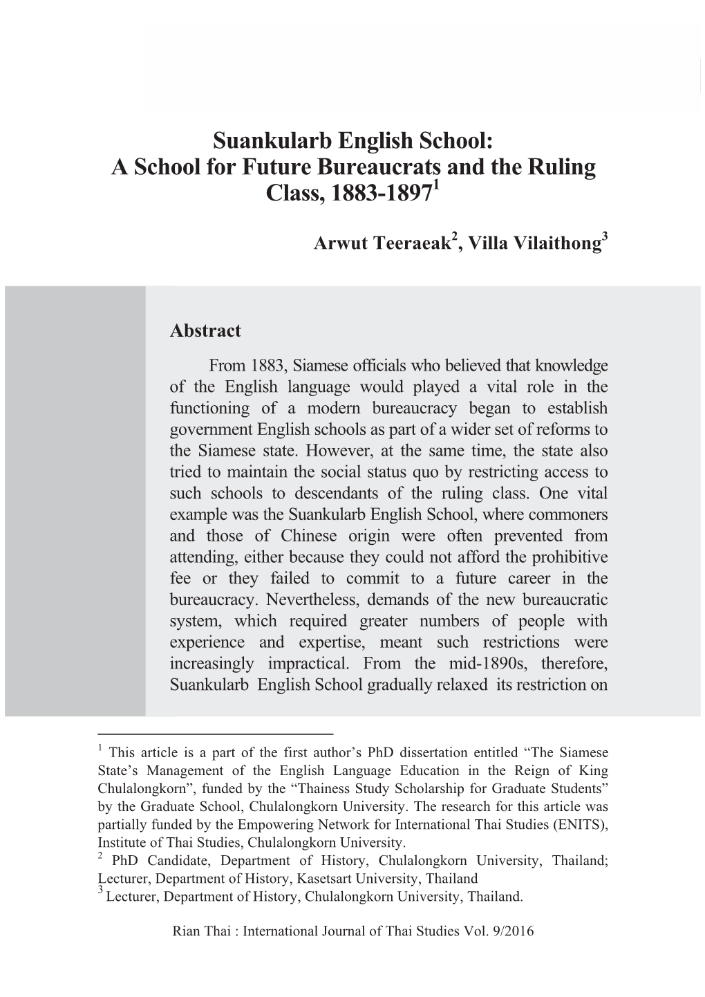 Suankularb English School: a School for Future Bureaucrats and the Ruling Class, 1883-18971