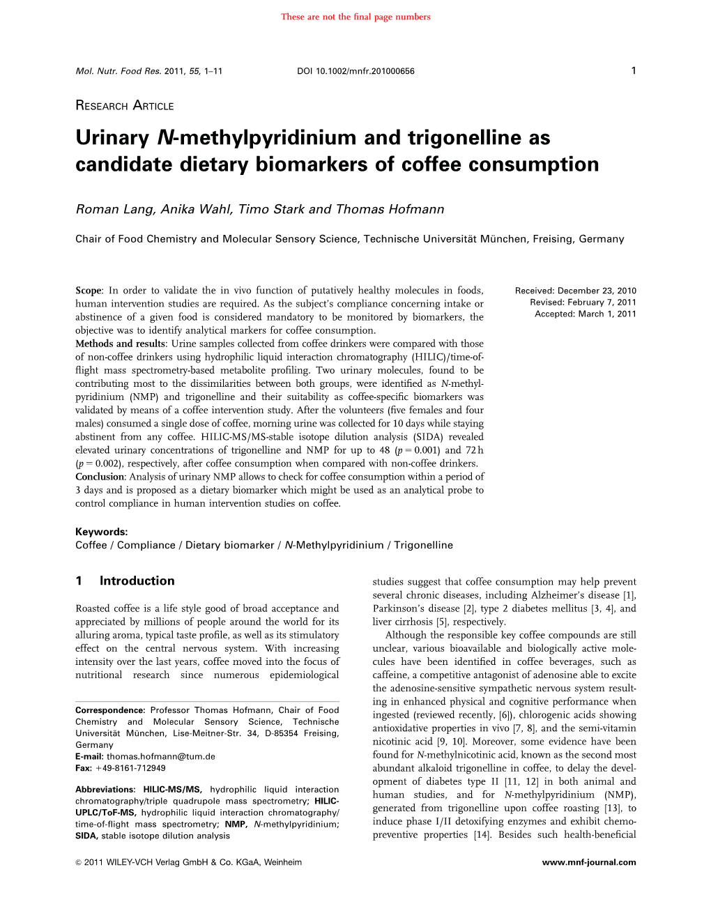 Urinary Nmethylpyridinium and Trigonelline As Candidate Dietary