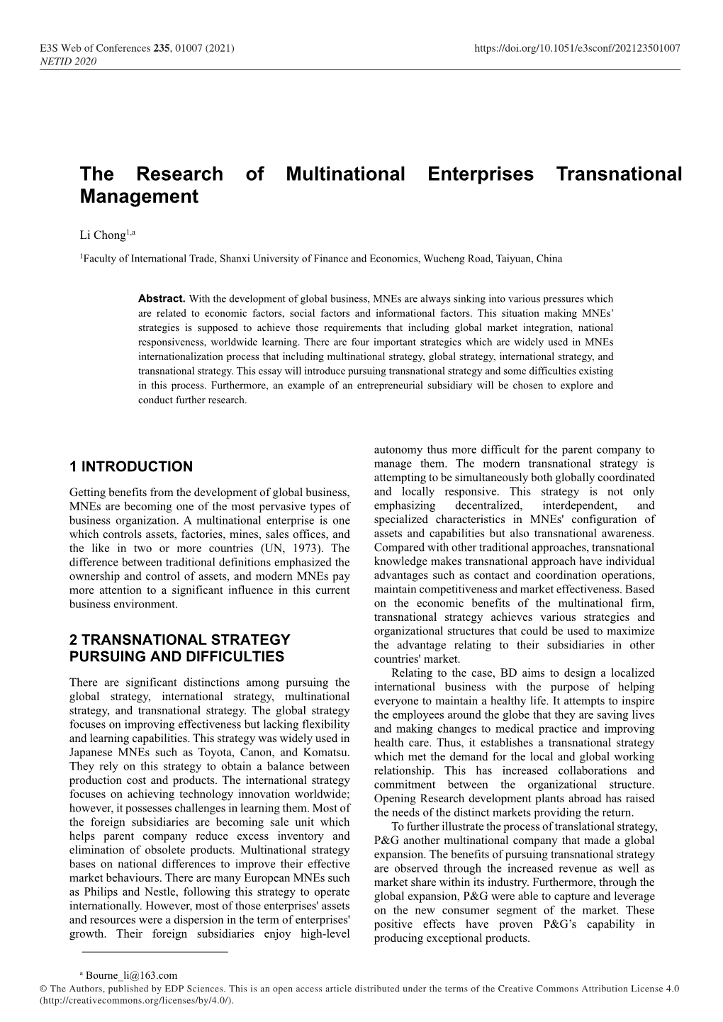 The Research of Multinational Enterprises Transnational Management