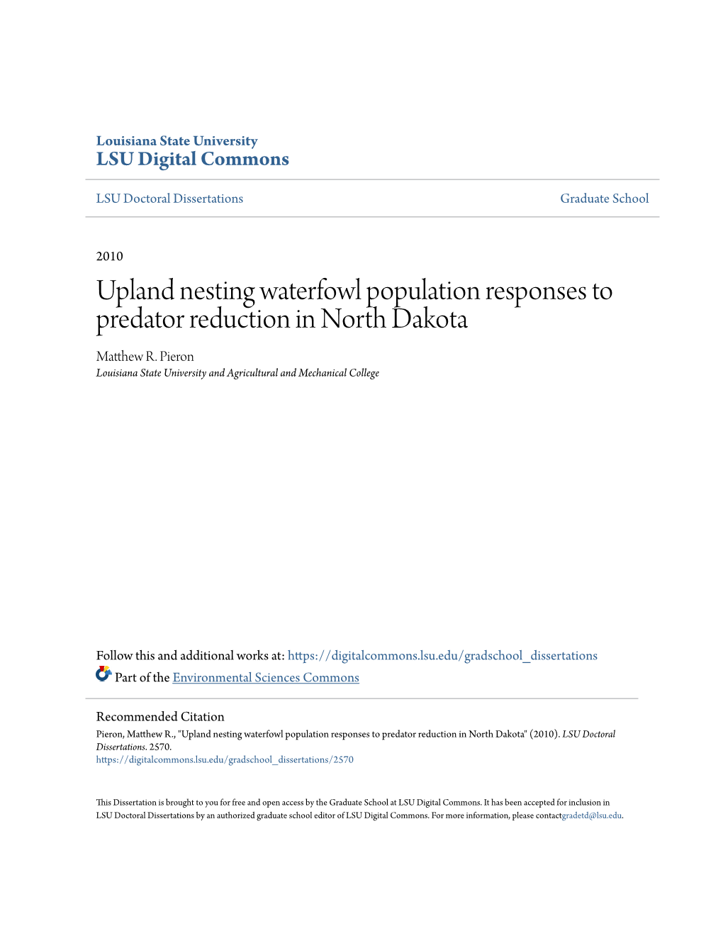 Upland Nesting Waterfowl Population Responses to Predator Reduction in North Dakota Matthew R