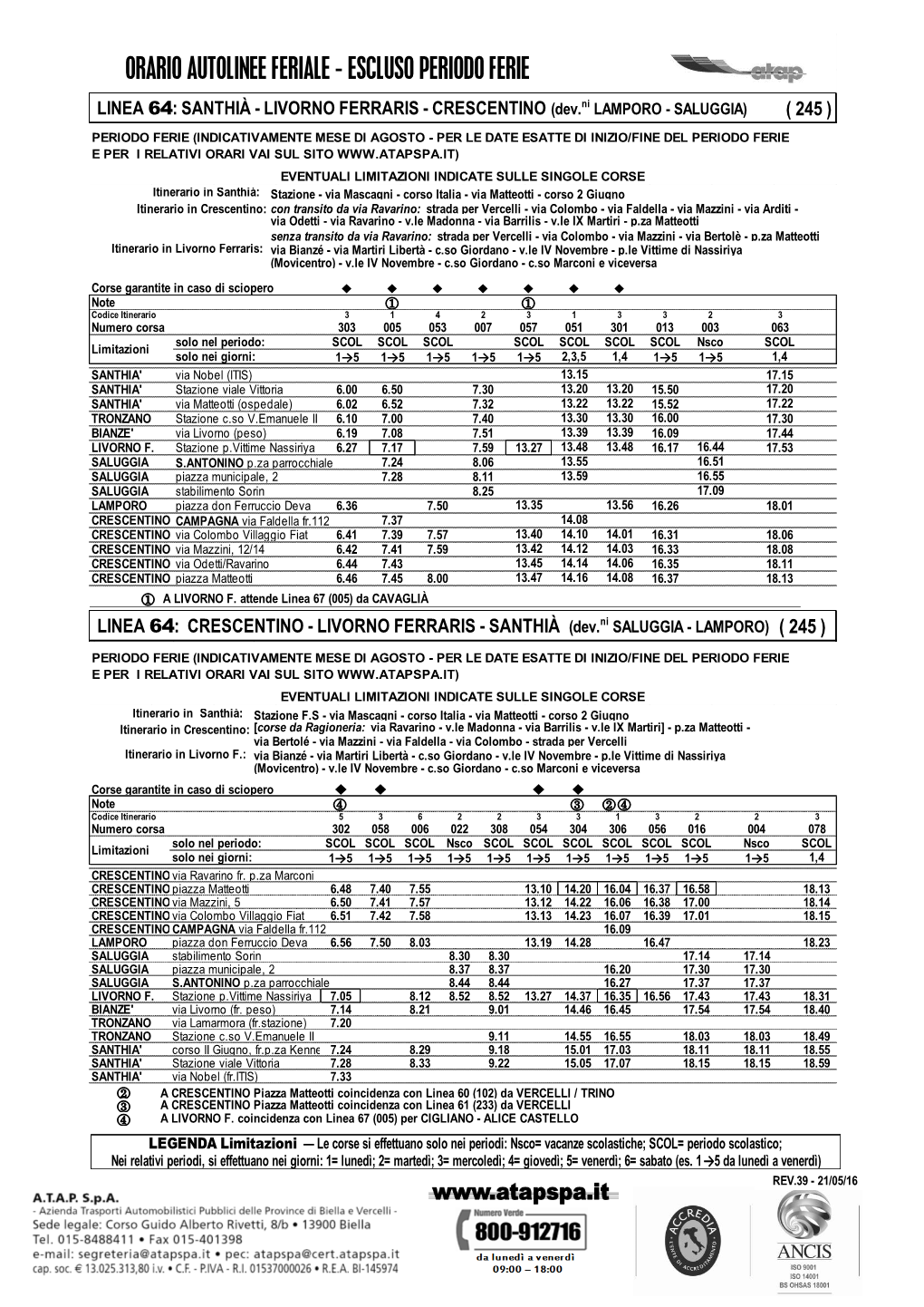 Orario Autolinee Feriale - Escluso Periodo Ferie