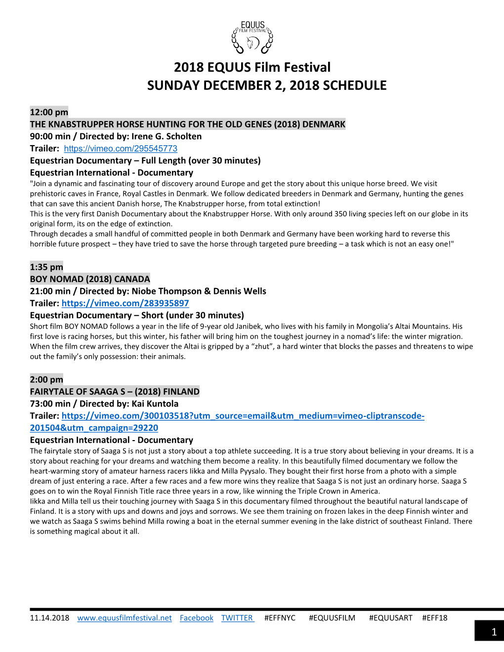 2018 EQUUS Film Festival SUNDAY DECEMBER 2, 2018 SCHEDULE