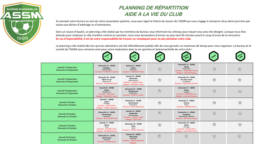 Planning De Répartition Aide a La Vie Du Club