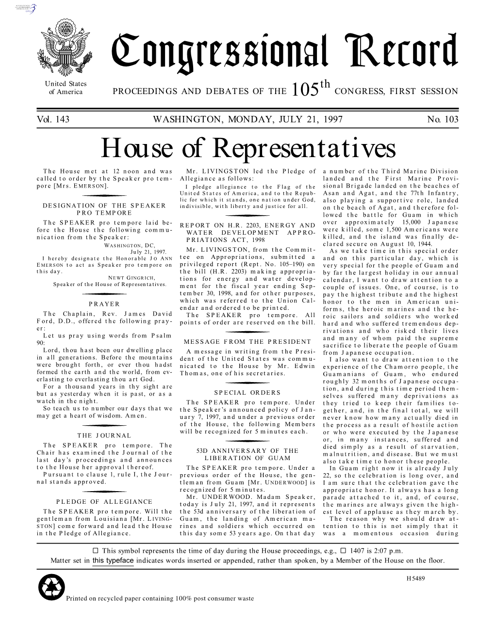 Congressional Record United States Th of America PROCEEDINGS and DEBATES of the 105 CONGRESS, FIRST SESSION