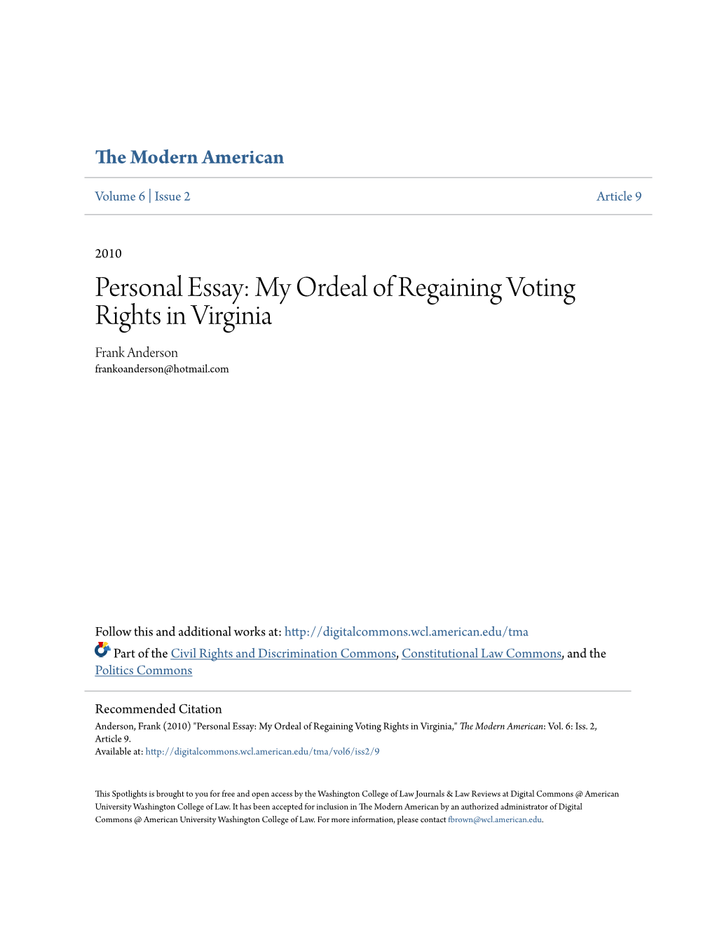 Personal Essay: My Ordeal of Regaining Voting Rights in Virginia Frank Anderson Frankoanderson@Hotmail.Com