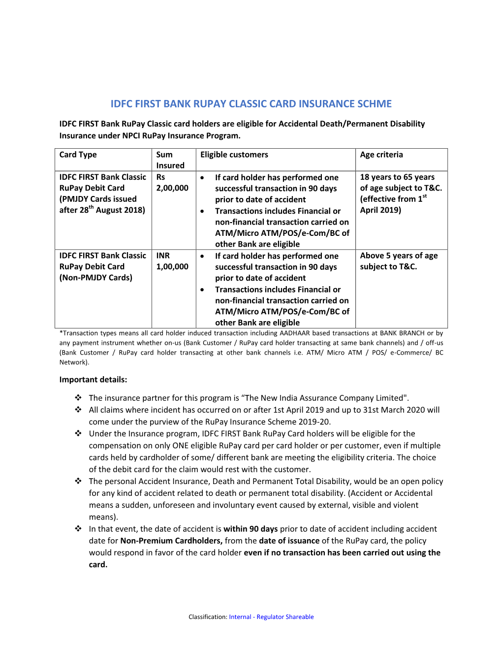 Idfc First Bank Rupay Classic Card Insurance Schme