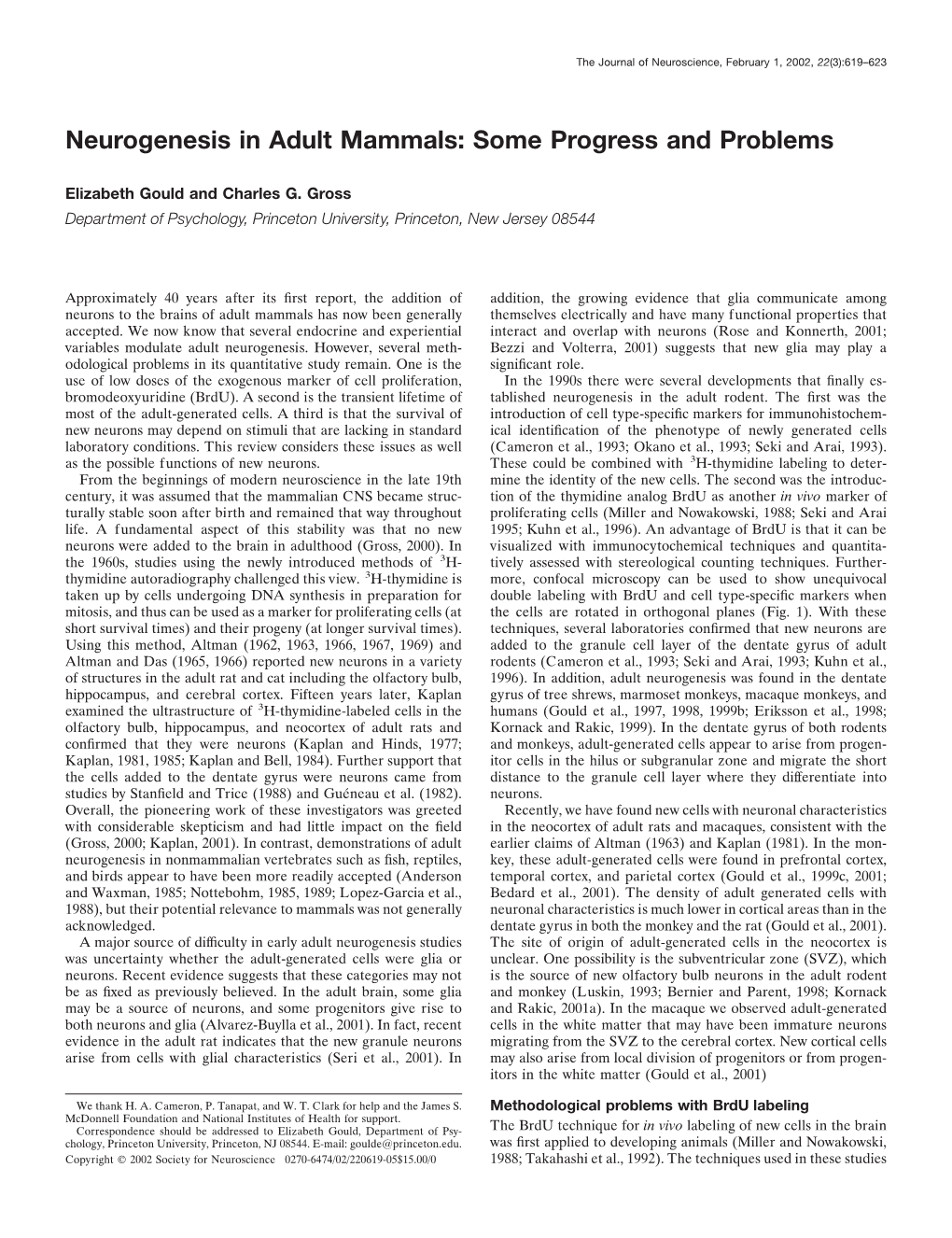 Neurogenesis in Adult Mammals: Some Progress and Problems