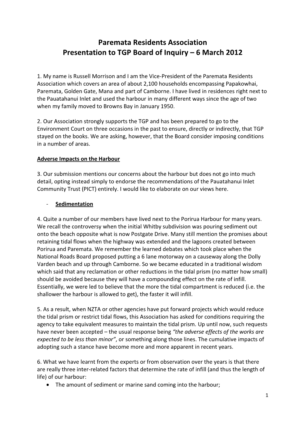 Paremata Residents Association Presentation to TGP Board of Inquiry – 6 March 2012