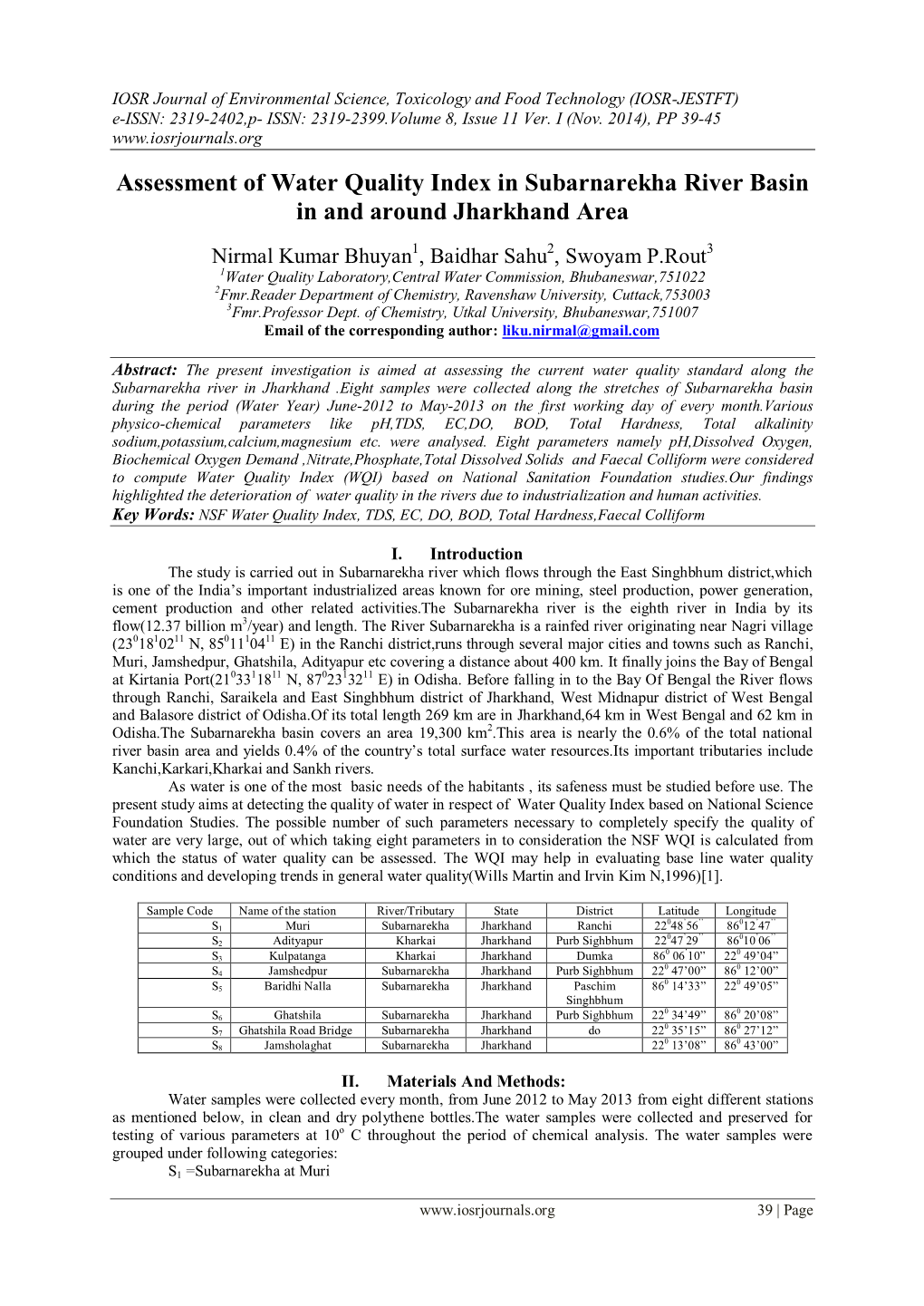 Assessment of Water Quality Index in Subarnarekha River Basin in and Around Jharkhand Area