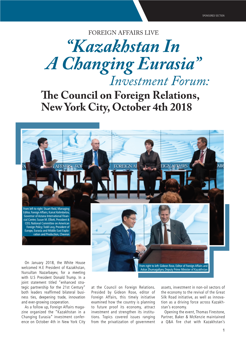 “Kazakhstan in a Changing Eurasia” Investment Forum: the Council on Foreign Relations, New York City, October 4Th 2018