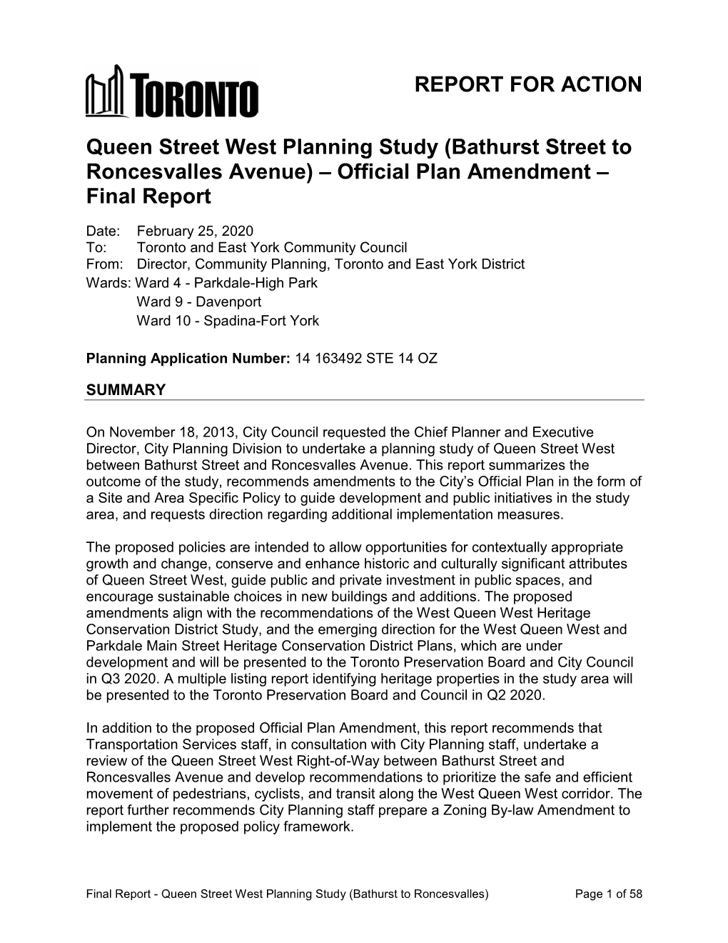 Queen Street West Planning Study (Bathurst Street to Roncesvalles Avenue) – Official Plan Amendment – Final Report