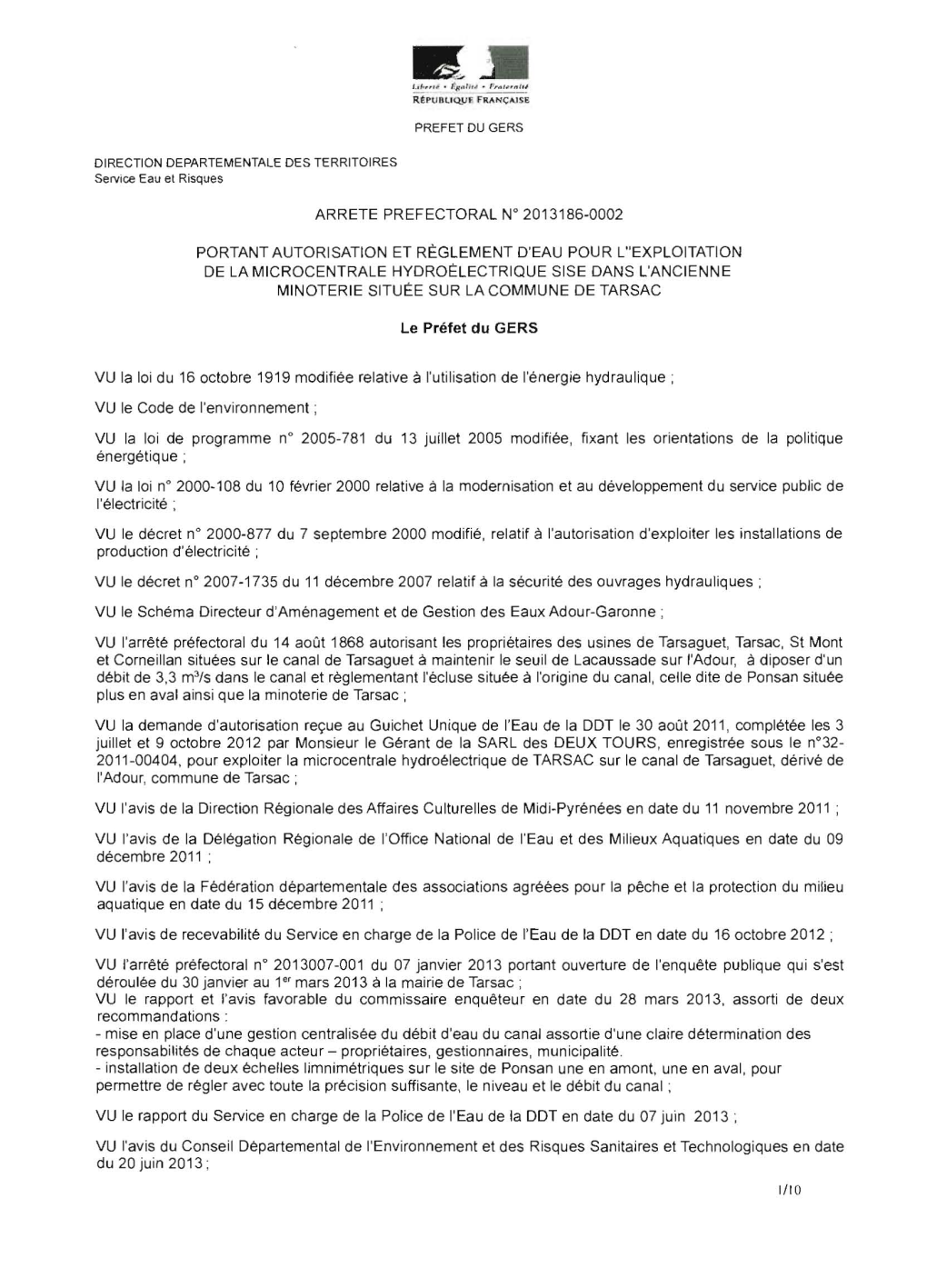 Arrete Prefectoral W 2013186-0002 Portant Autorisation