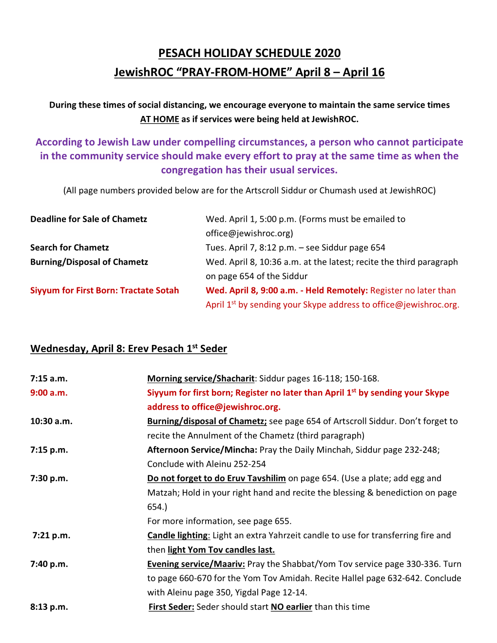 PESACH HOLIDAY SCHEDULE 2020 Jewishroc “PRAY-FROM-HOME” April 8 – April 16