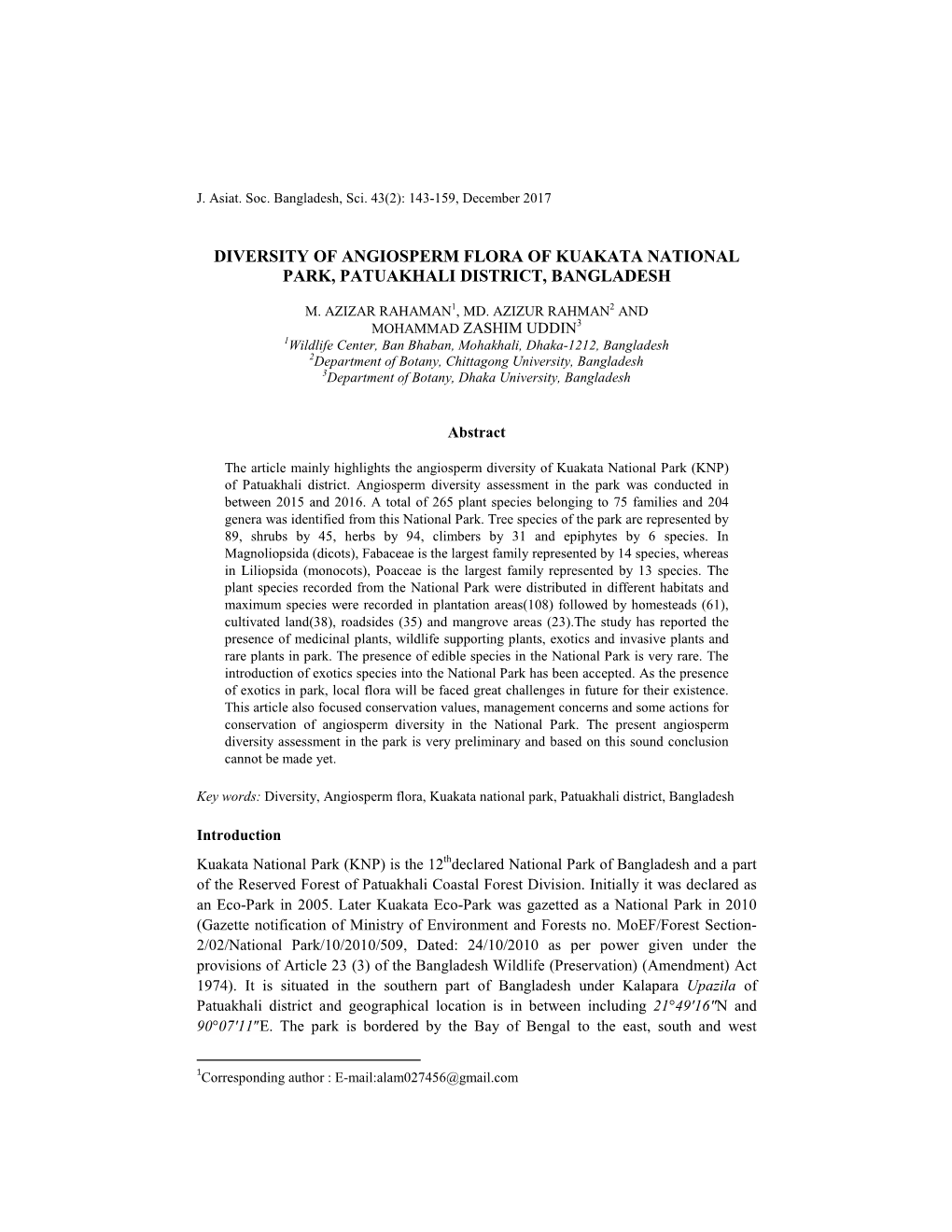 Diversity of Angiosperm Flora of Kuakata National Park, Patuakhali District, Bangladesh