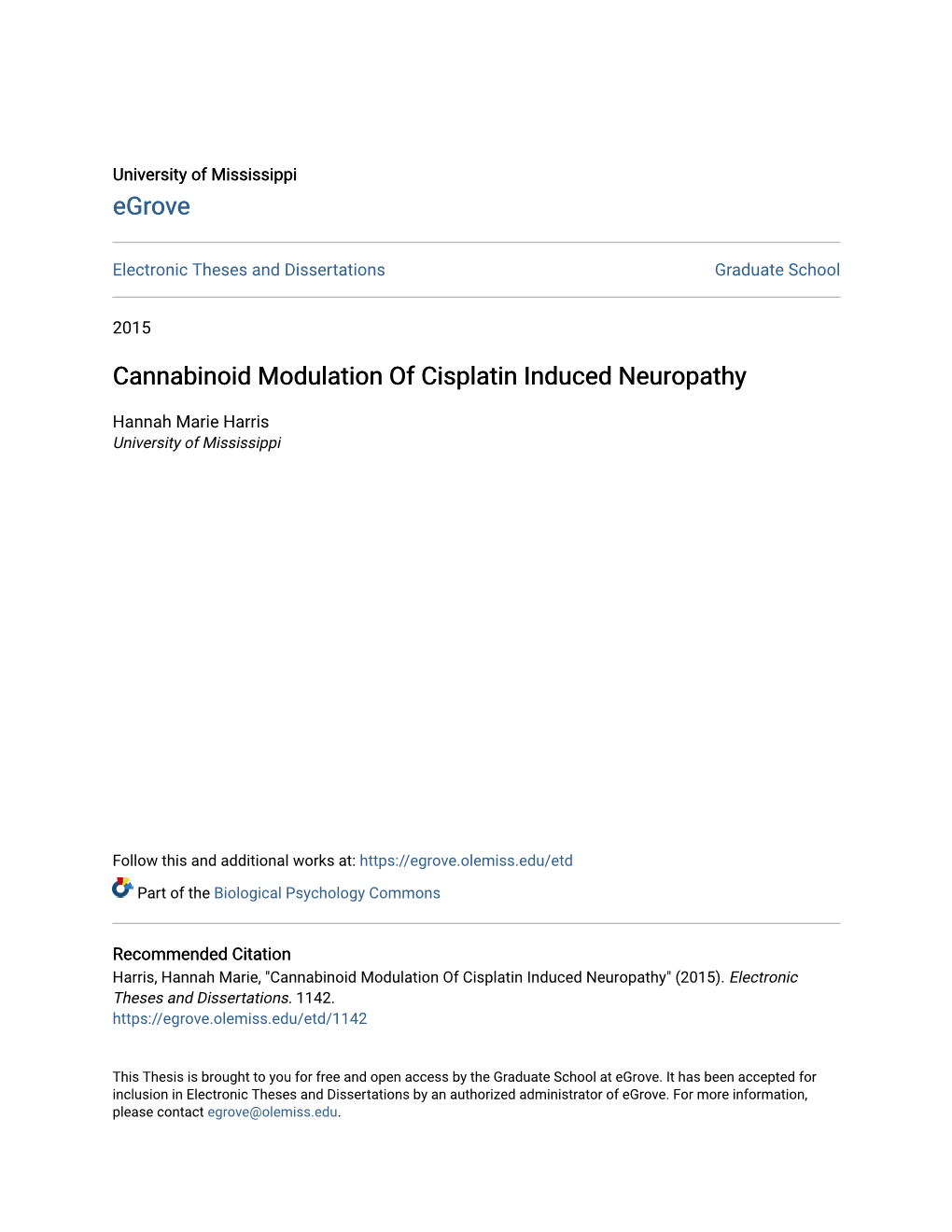 Cannabinoid Modulation of Cisplatin Induced Neuropathy