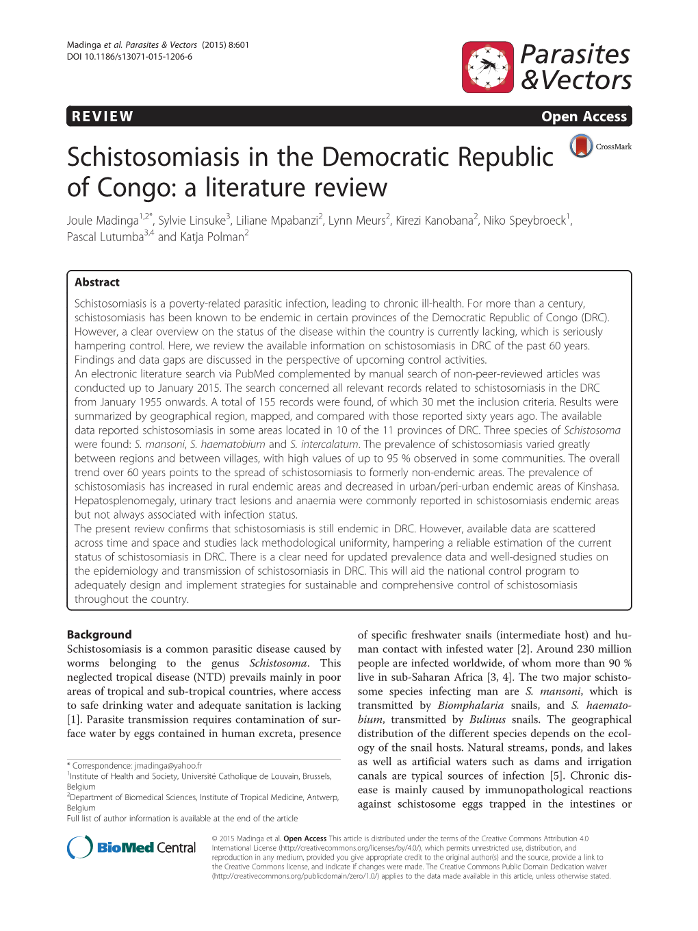 Schistosomiasis in the Democratic Republic of Congo: a Literature Review