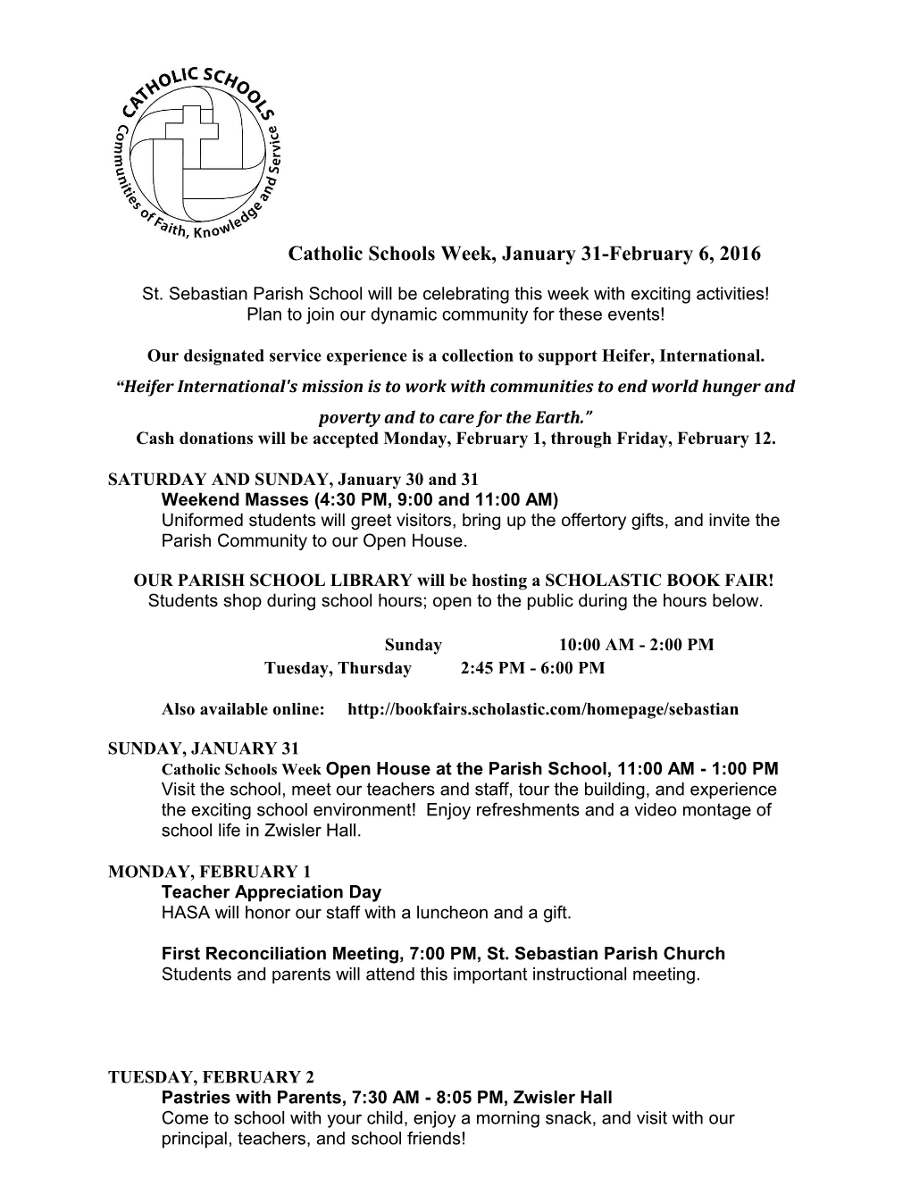 St. Sebastian Parish School Will Be Celebrating This Week with Exciting Activities!