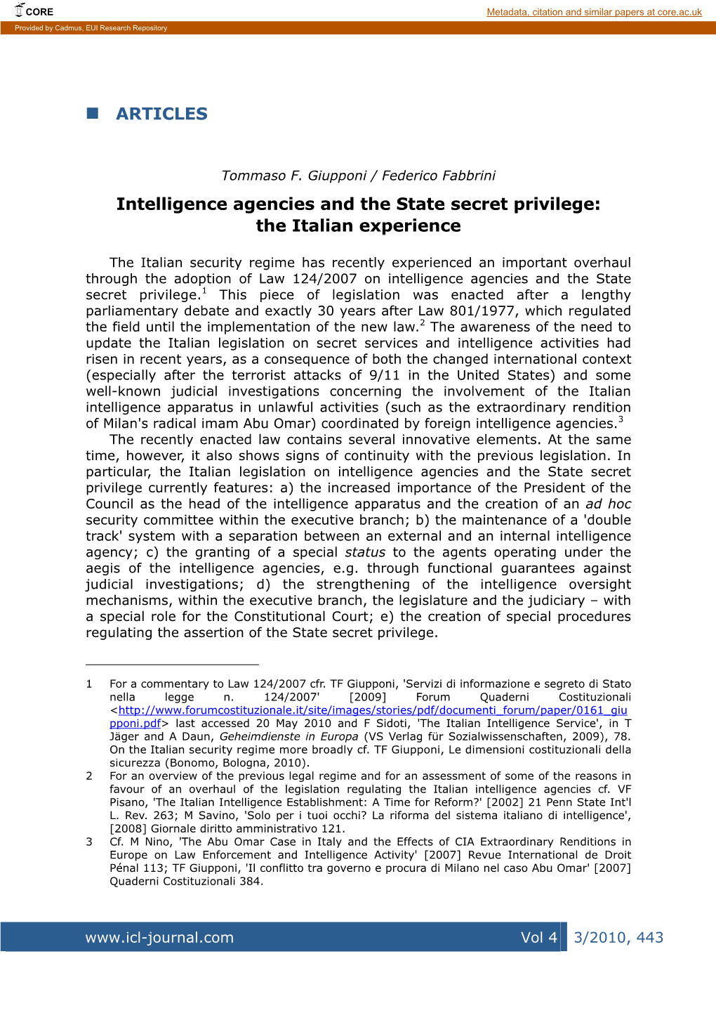 ARTICLES Intelligence Agencies and the State Secret Privilege