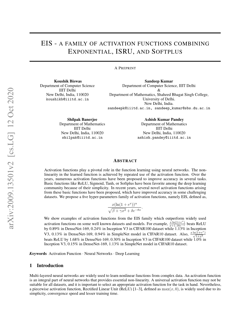 Eis- a Family of Activation Functions Combining Exponential,Isru, and Softplus