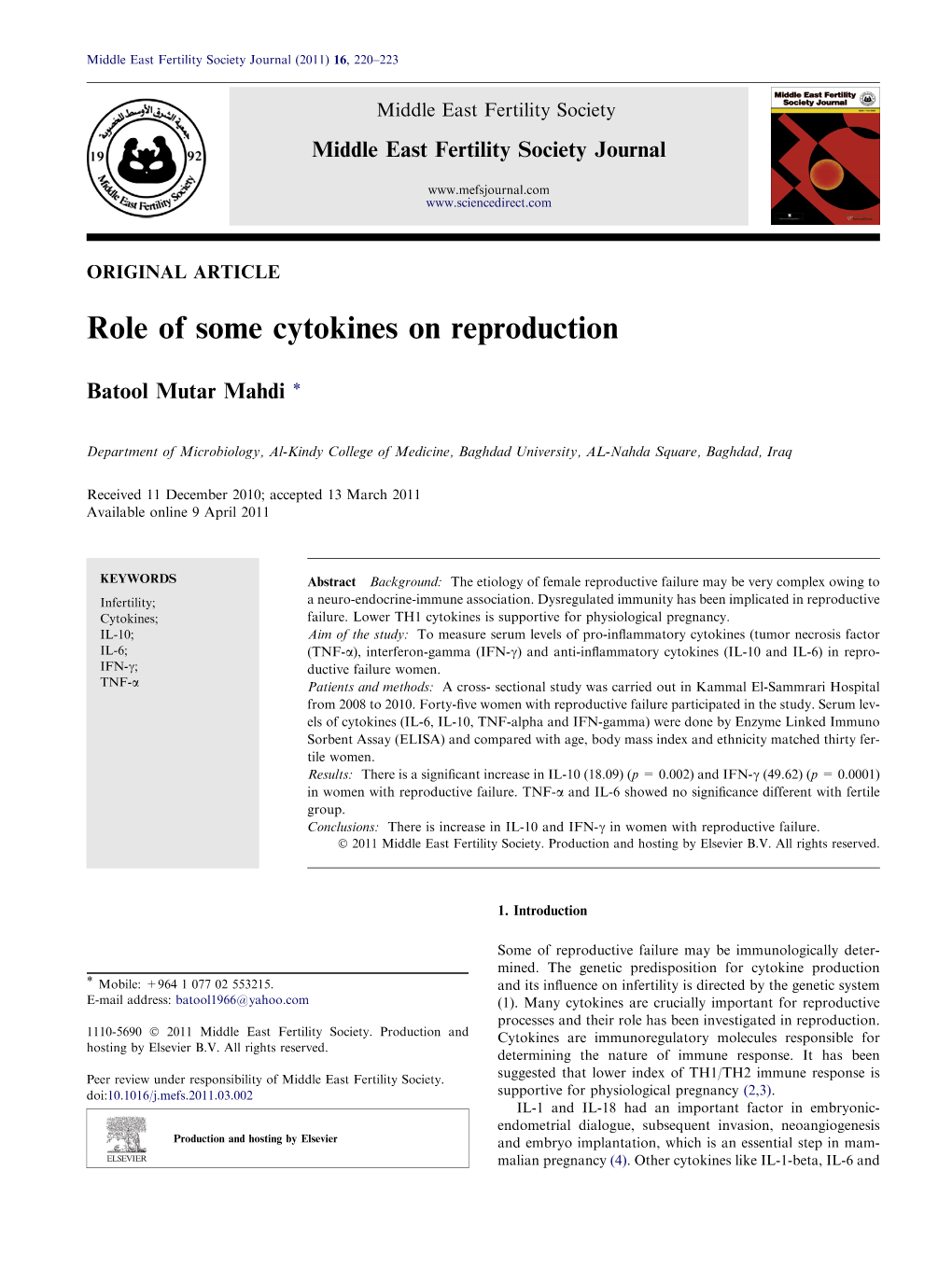 Role of Some Cytokines on Reproduction