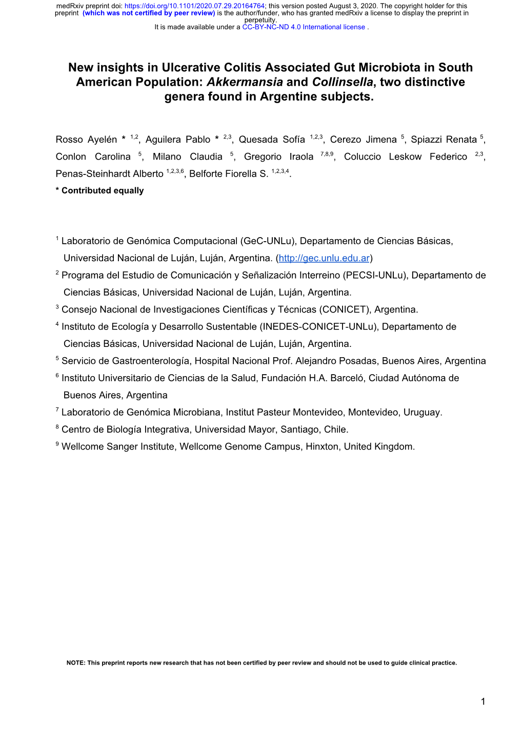 New Insights in Ulcerative Colitis Associated Gut Microbiota in South American Population: Akkermansia and Collinsella, Two Dist