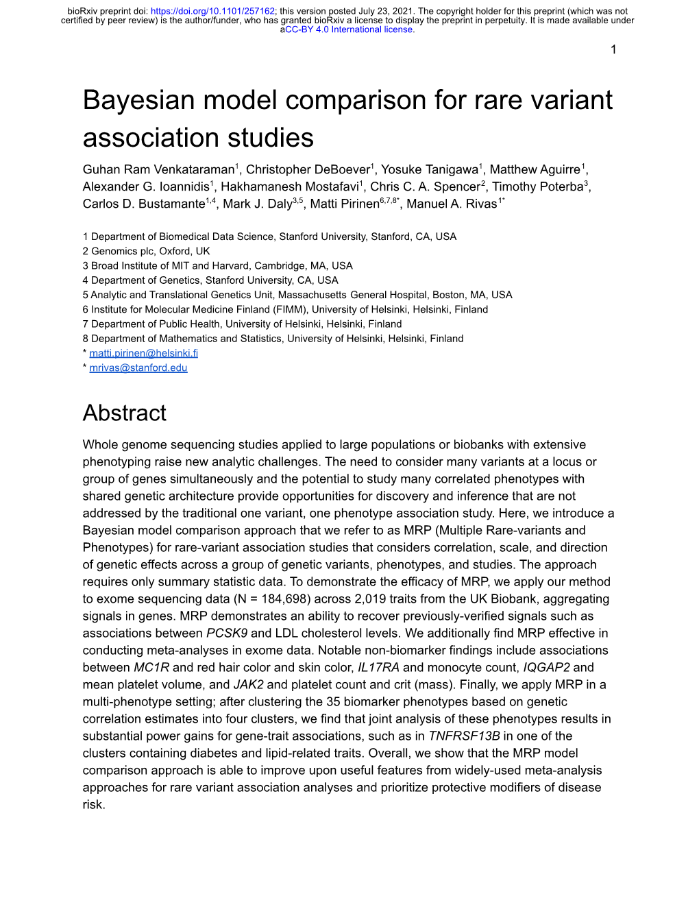 Bayesian Model Comparison for Rare Variant Association Studies Guhan Ram Venkataraman1, Christopher Deboever1, Yosuke Tanigawa1, Matthew Aguirre1, Alexander G