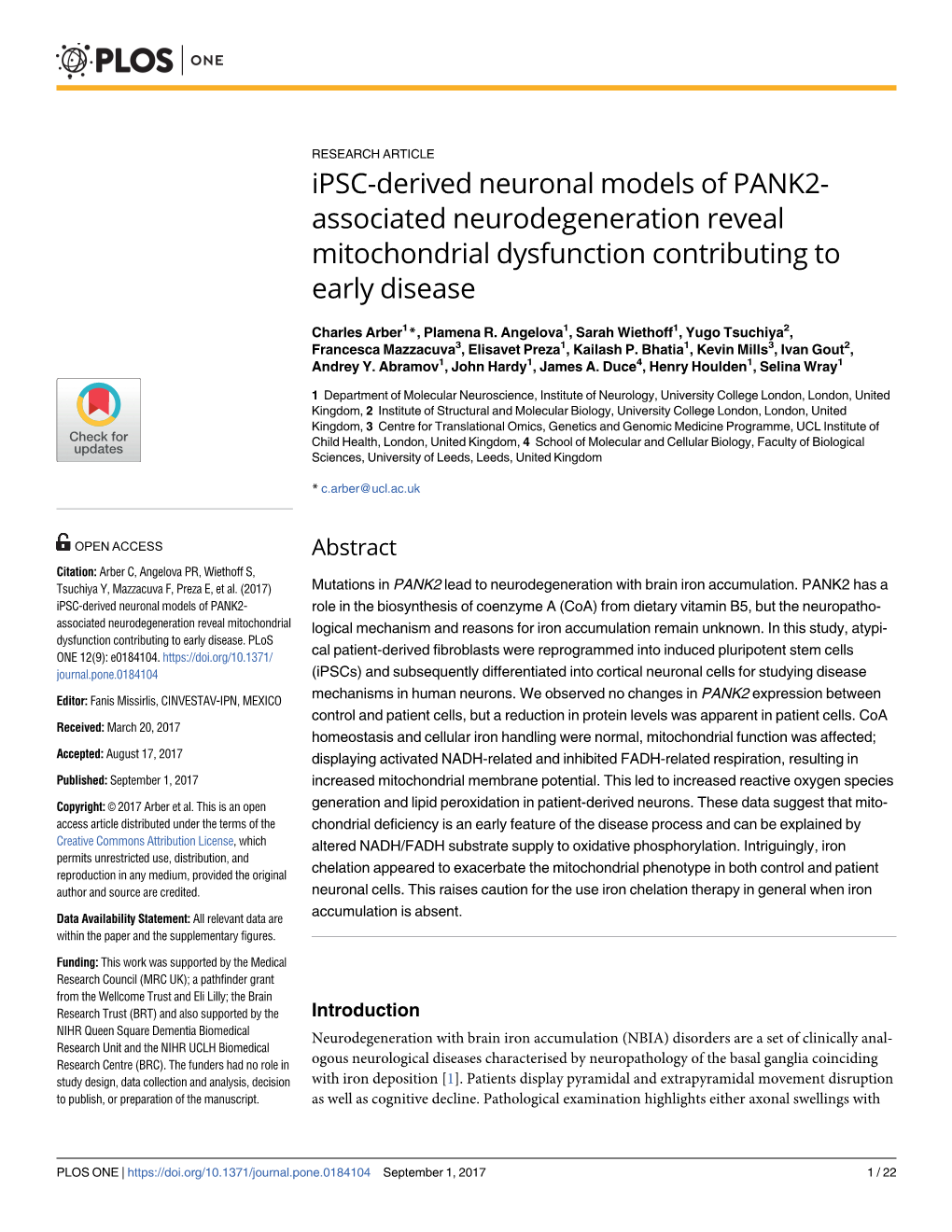 Ipsc-Derived Neuronal Models of PANK2- Associated Neurodegeneration Reveal Mitochondrial Dysfunction Contributing to Early Disease