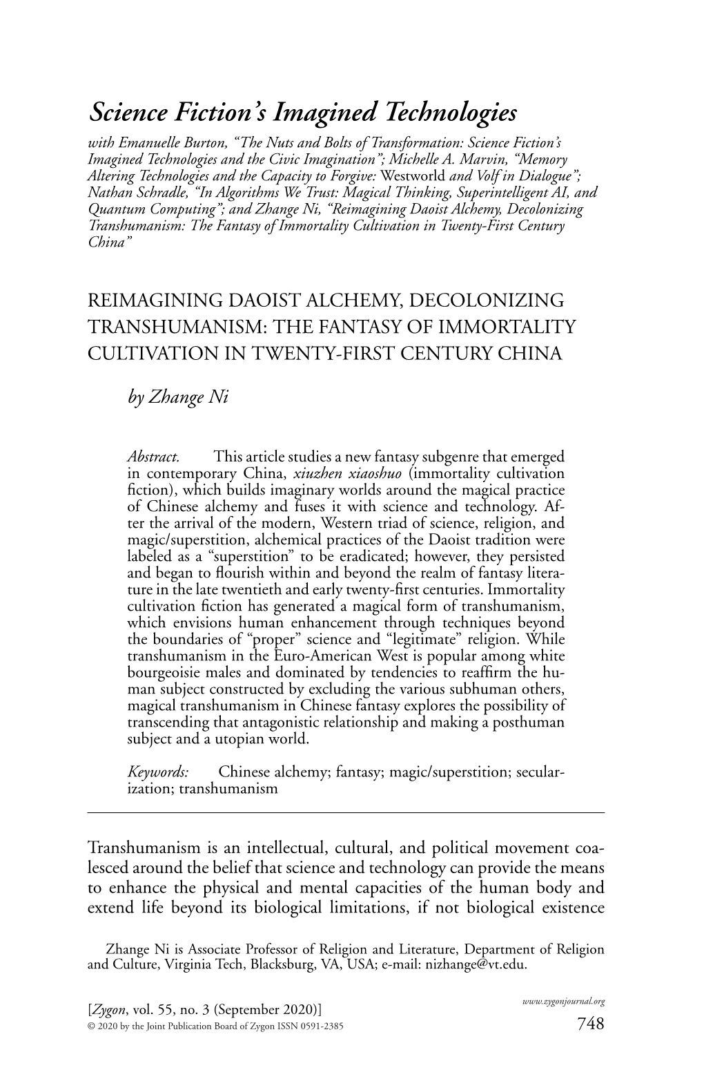 REIMAGINING DAOIST ALCHEMY, DECOLONIZING TRANSHUMANISM: the FANTASY of IMMORTALITY CULTIVATION in TWENTY‐