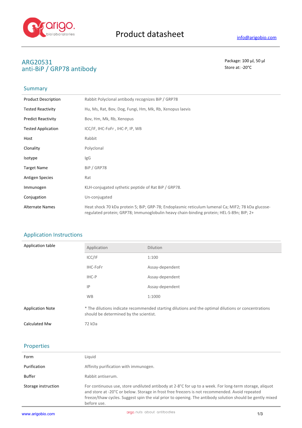 Anti-Bip / GRP78 Antibody (ARG20531)