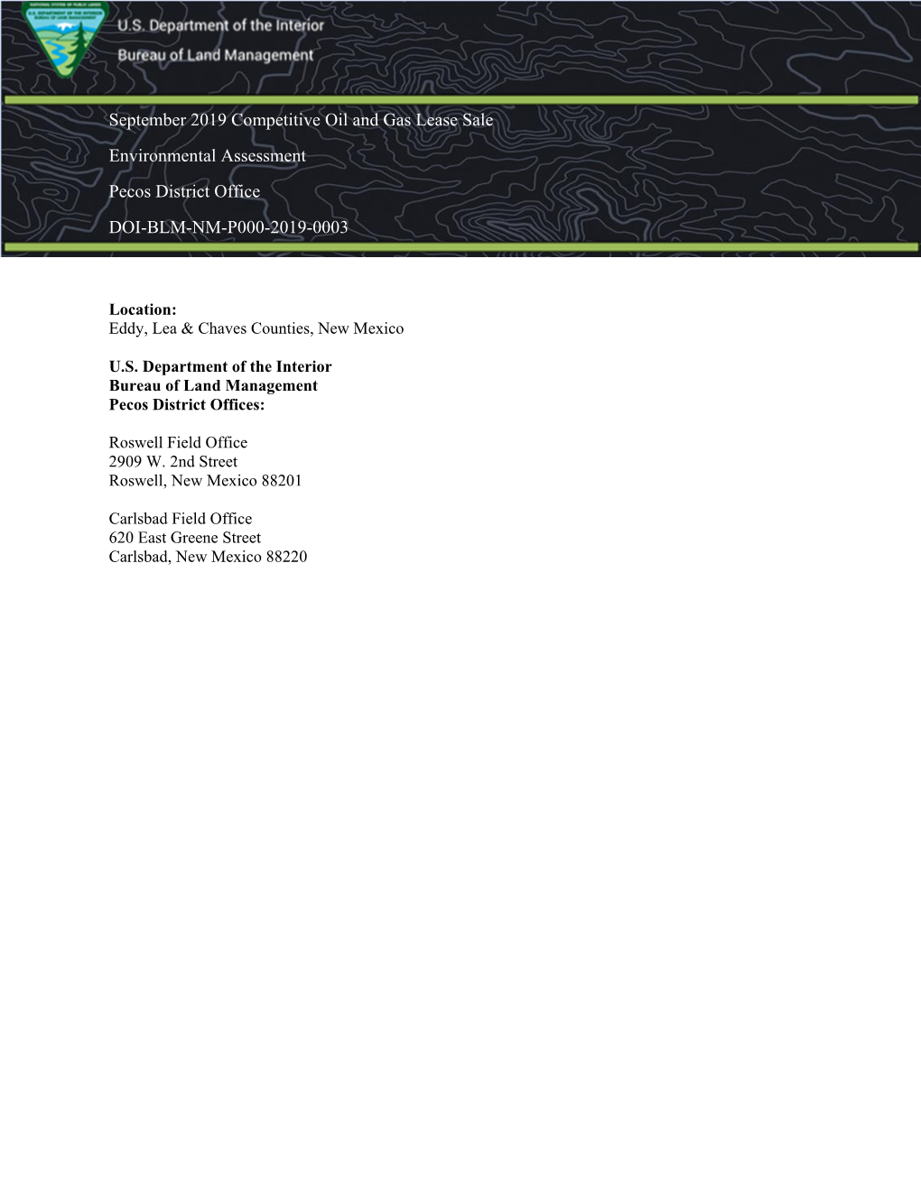 September 2019 Competitive Oil and Gas Lease Sale Environmental Assessment Pecos District Office DOI-BLM-NM-P000-2019-0003