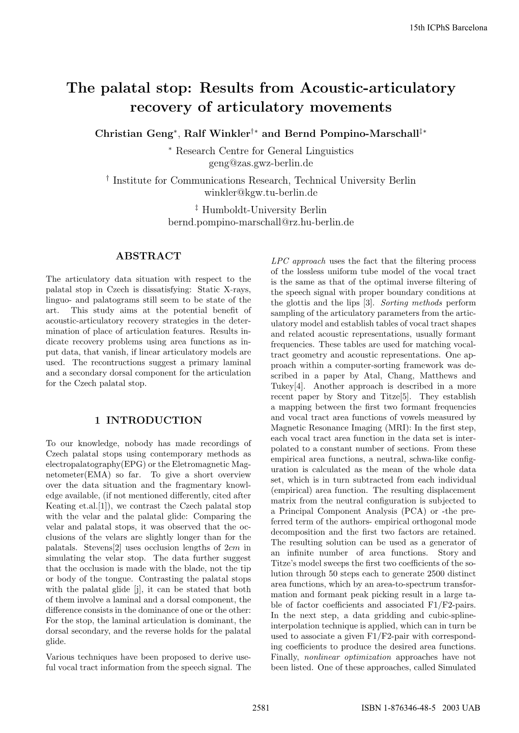 The Palatal Stop: Results from Acoustic-Articulatory Recovery of Articulatory Movements