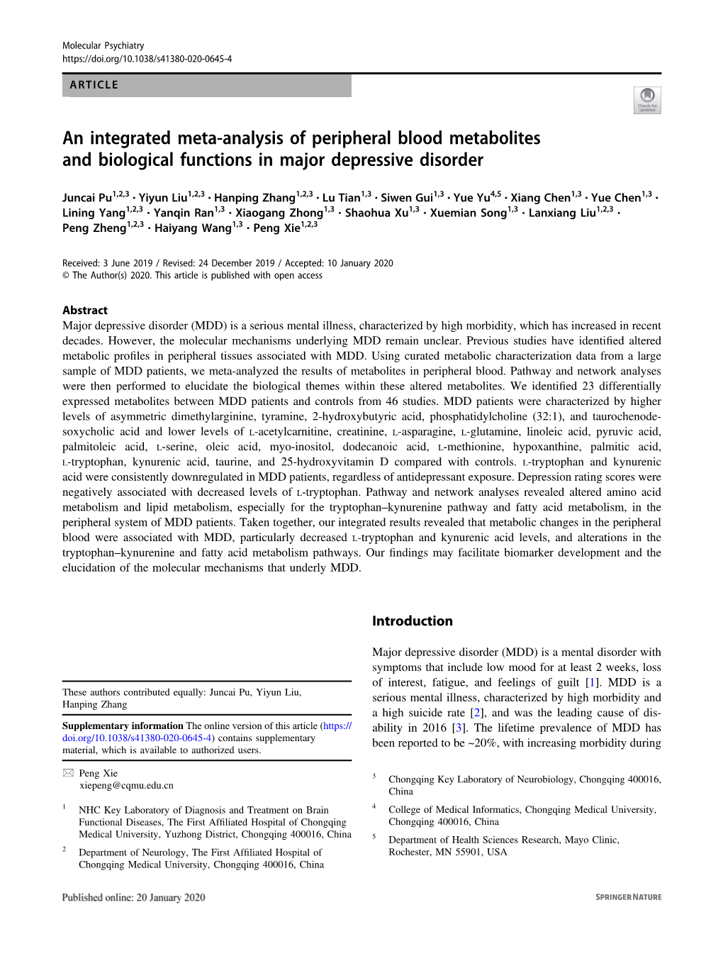 An Integrated Meta-Analysis of Peripheral Blood Metabolites and Biological Functions in Major Depressive Disorder