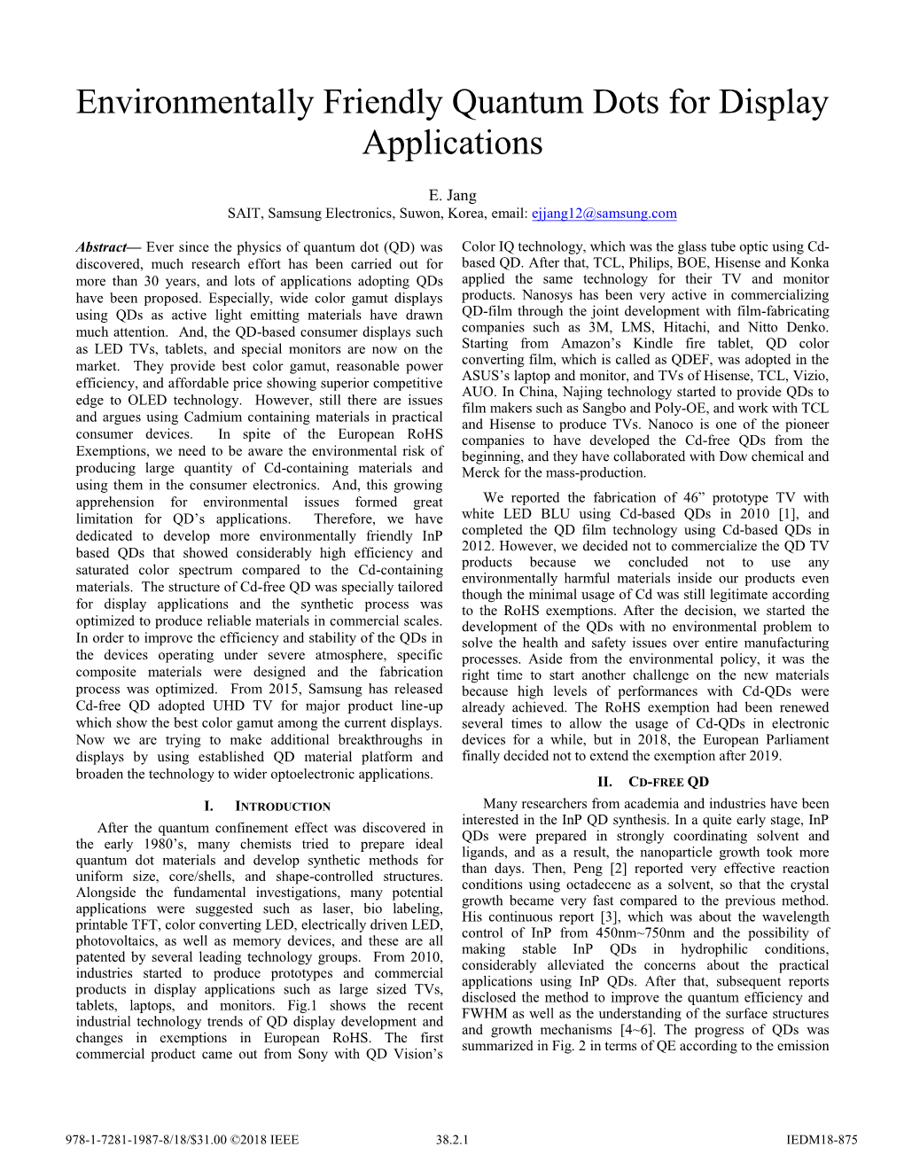 Environmentally Friendly Quantum Dots for Display Applications