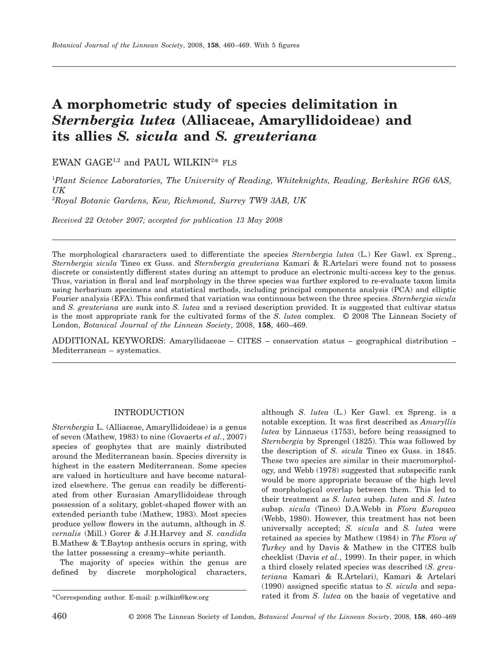 A Morphometric Study of Species Delimitation in Sternbergia Lutea (Alliaceae, Amaryllidoideae) and Its Allies S