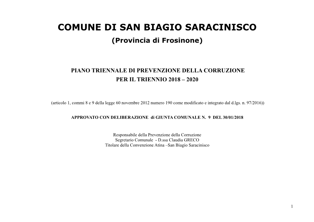 COMUNE DI SAN BIAGIO SARACINISCO (Provincia Di Frosinone)