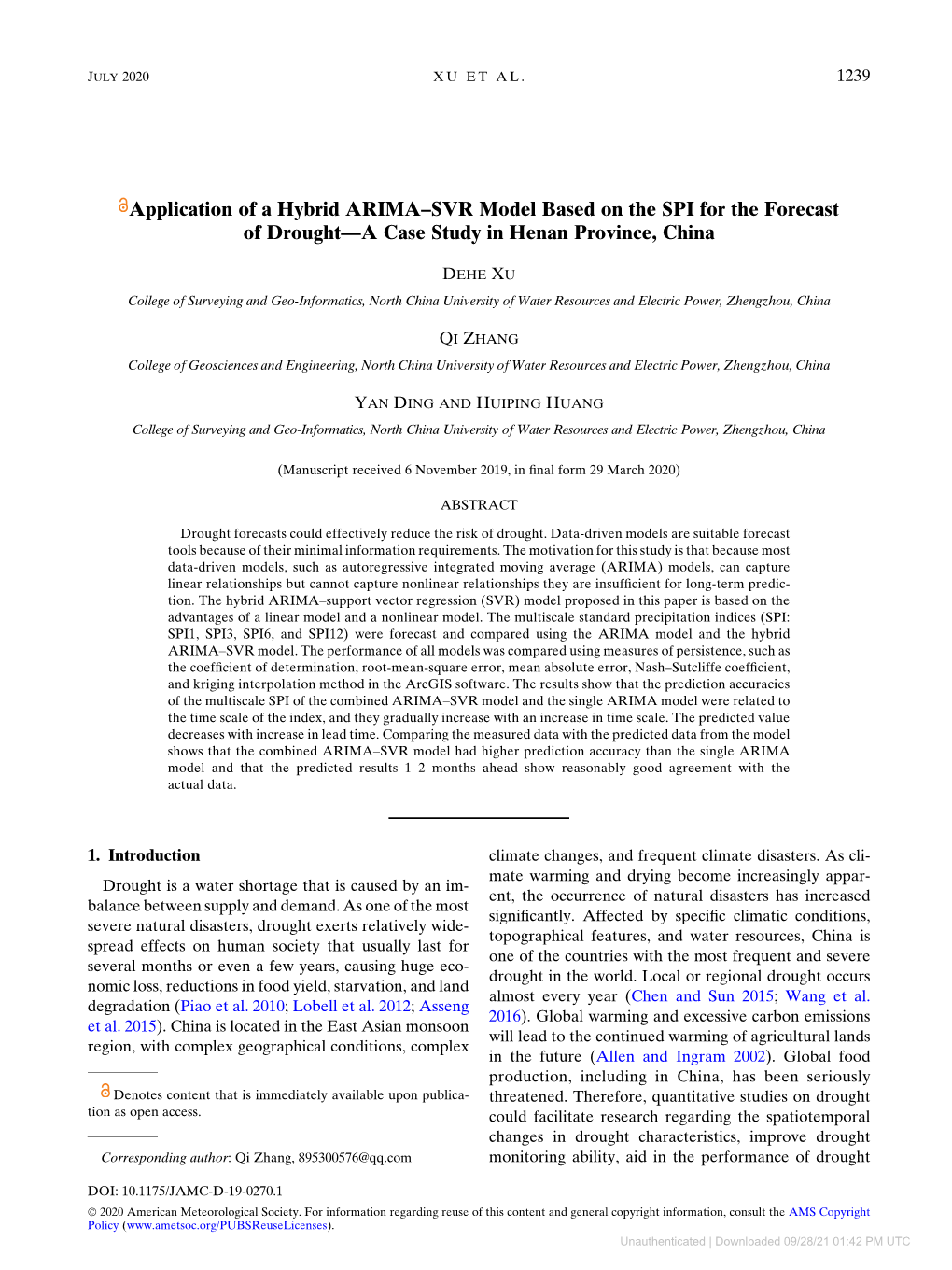 Application of a Hybrid ARIMA–SVR Model Based on the SPI for the Forecast of Drought—A Case Study in Henan Province, China