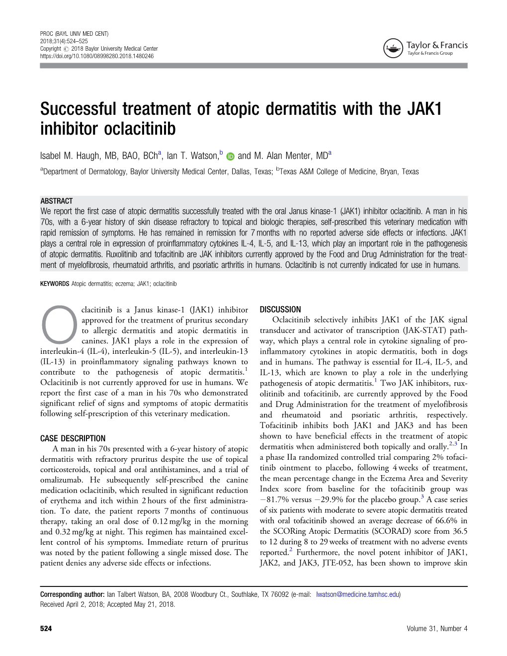 Successful Treatment of Atopic Dermatitis with the JAK1 Inhibitor Oclacitinib