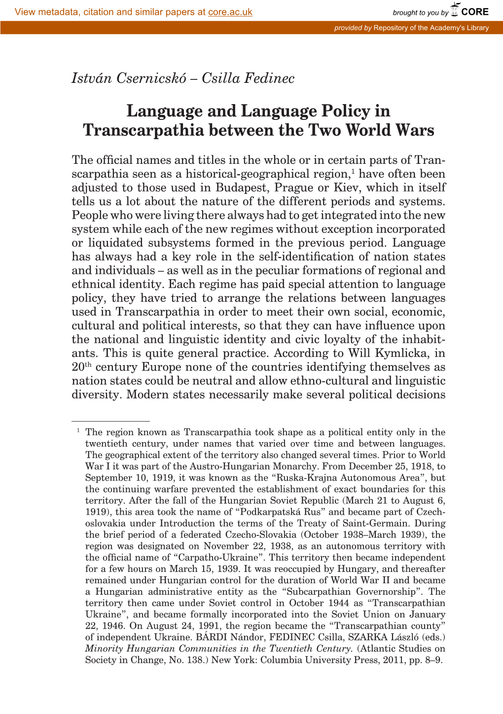 Language and Language Policy in Transcarpathia Between the Two World Wars