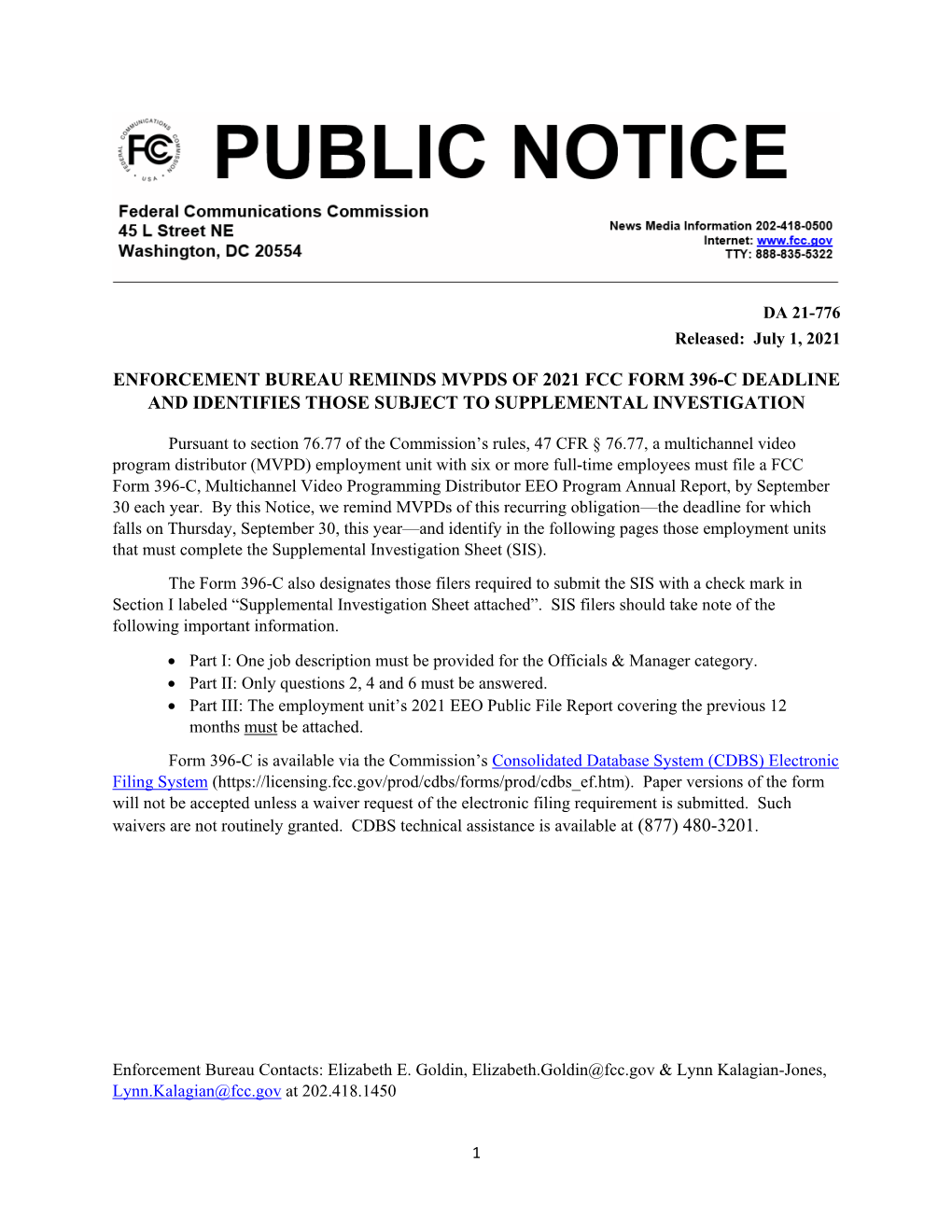 Enforcement Bureau Reminds Mvpds of 2021 Fcc Form 396-C Deadline and Identifies Those Subject to Supplemental Investigation