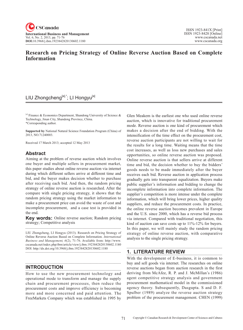 Research on Pricing Strategy of Online Reverse Auction Based on Complete Information