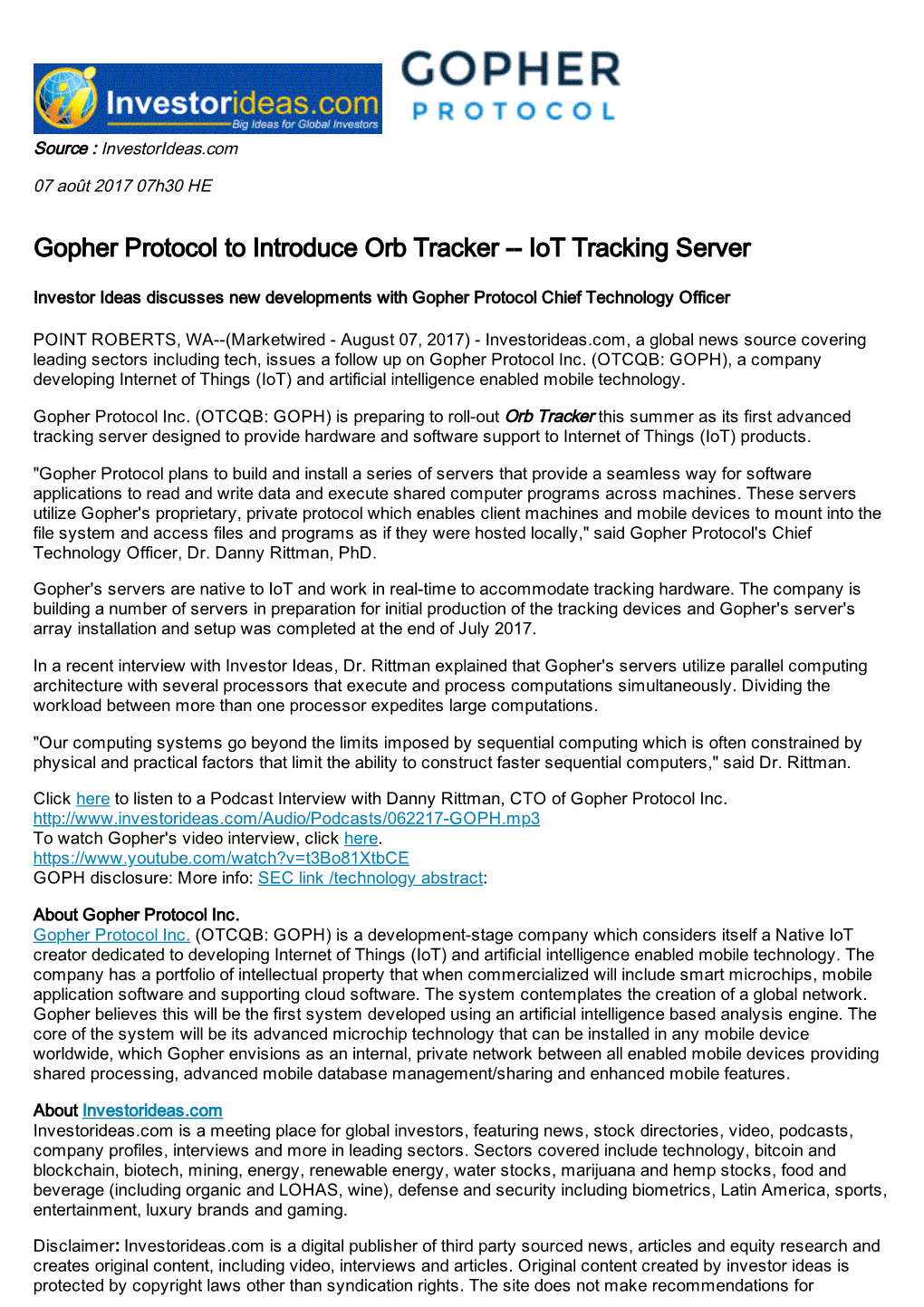 Gopher Protocol to Introduce Orb Tracker -- Iot Tracking Server