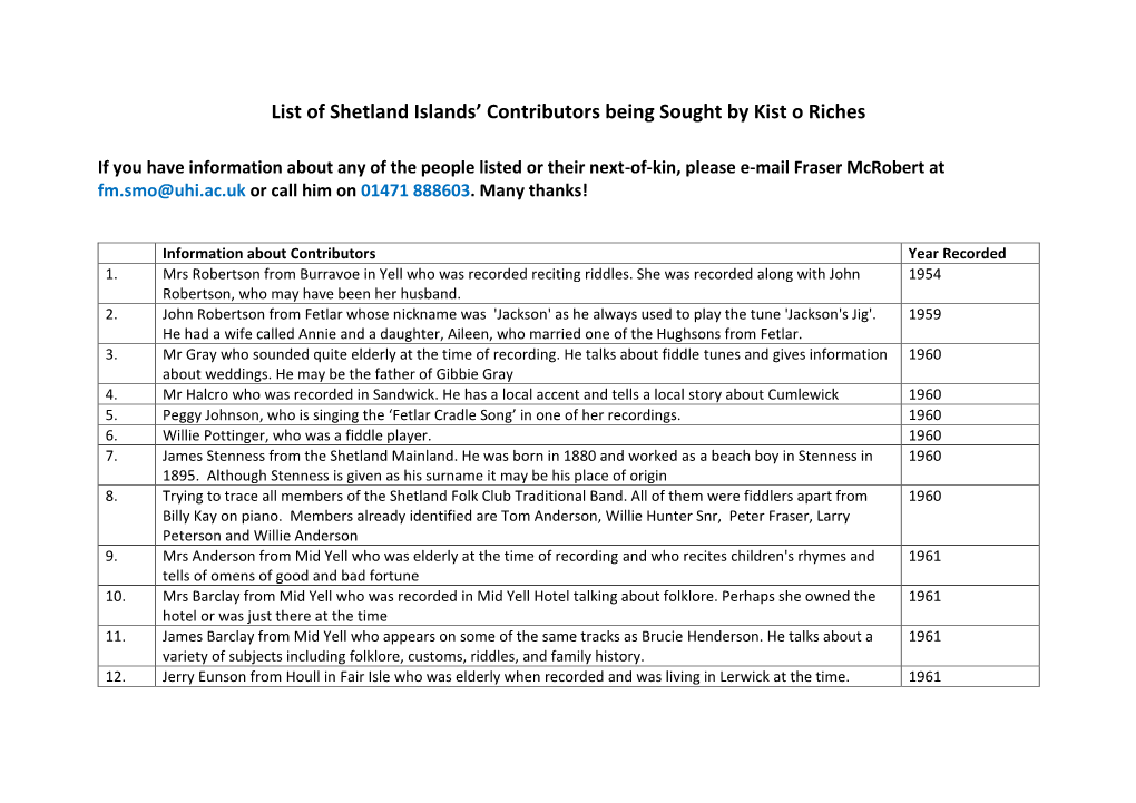 List of Shetland Islands' Contributors Being Sought by Kist O Riches