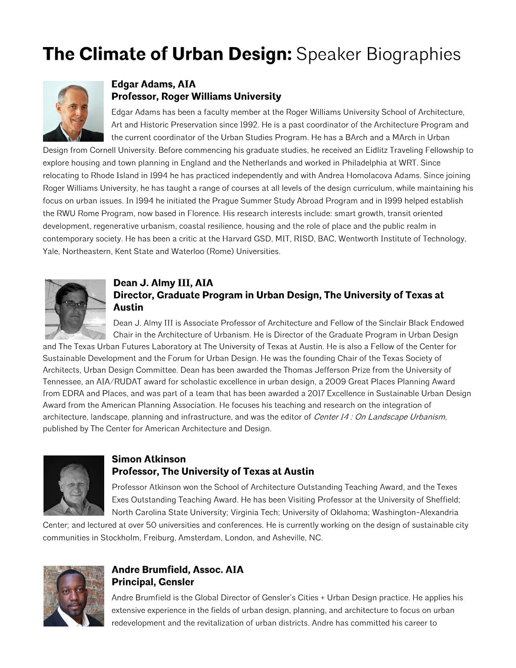 The Climate of Urban Design: Speaker Biographies