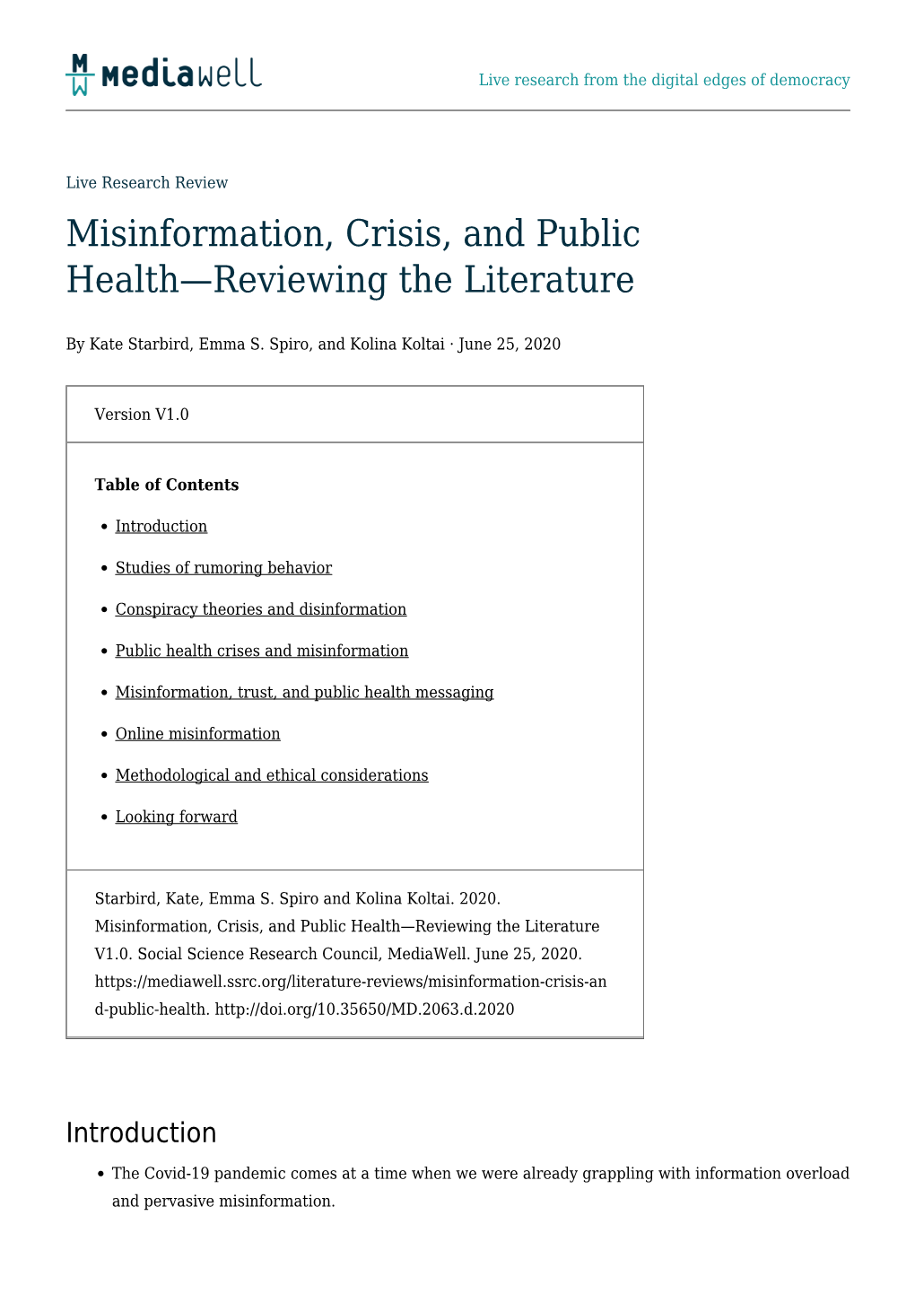 Misinformation, Crisis, and Public Health—Reviewing the Literature