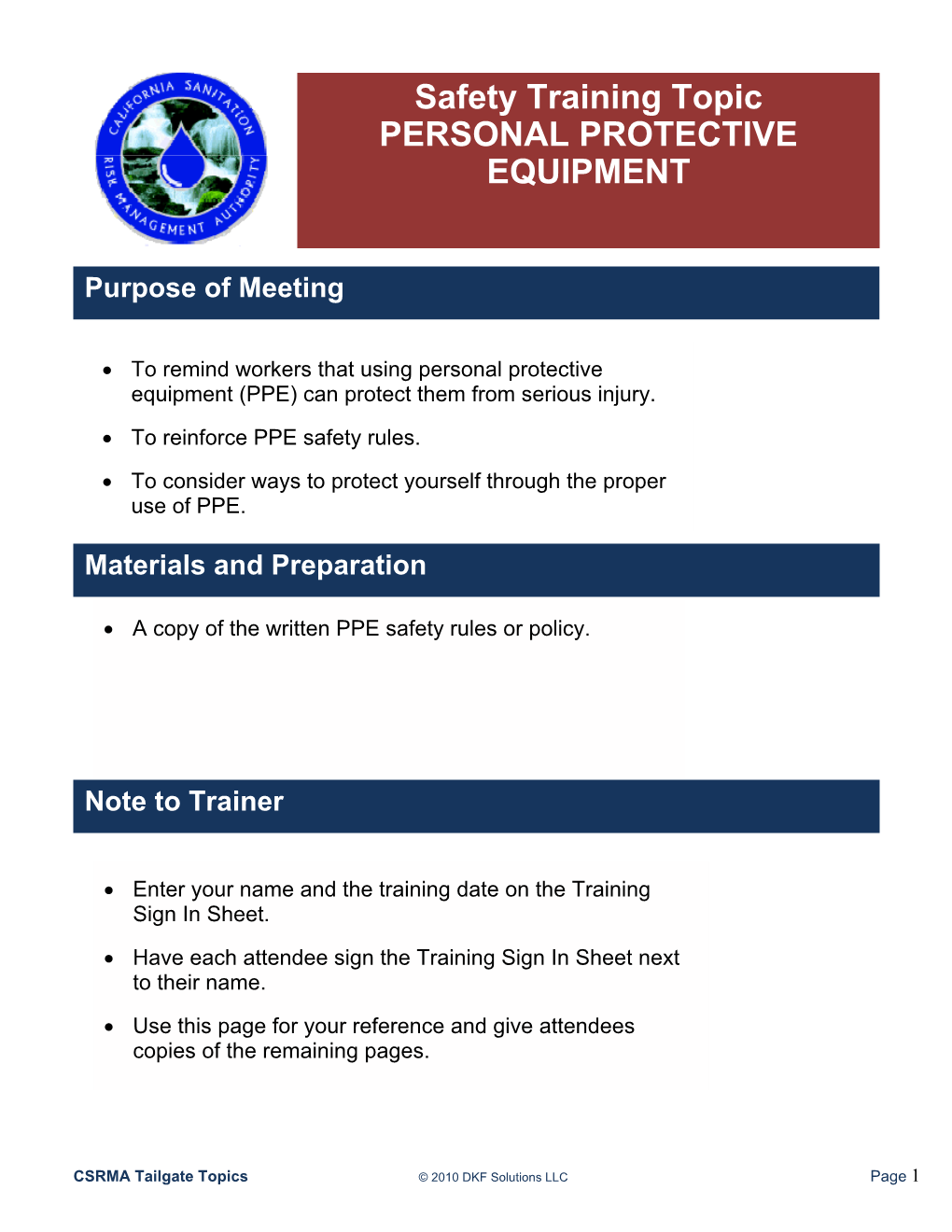Safety Training Topic PERSONAL PROTECTIVE EQUIPMENT