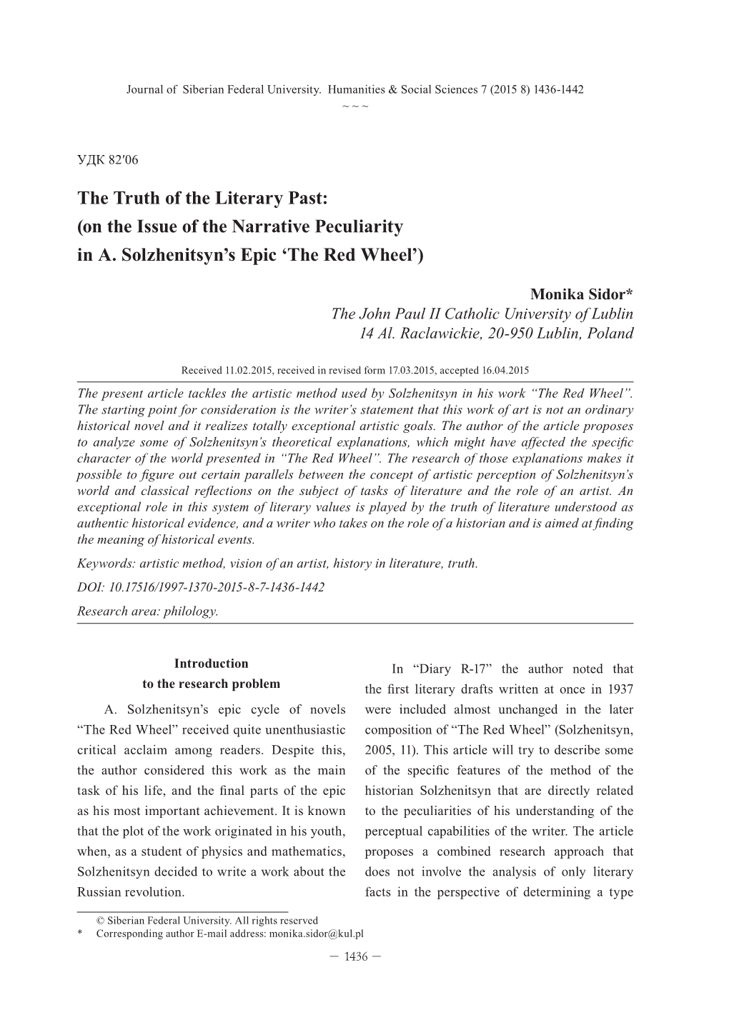 The Truth of the Literary Past: (On the Issue of the Narrative Peculiarity in A